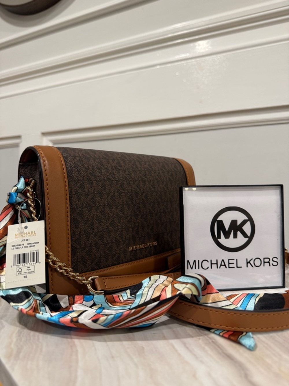 Michael Kors Bag Jet Set Logo Brown and Tan Chain Crossbody NWT